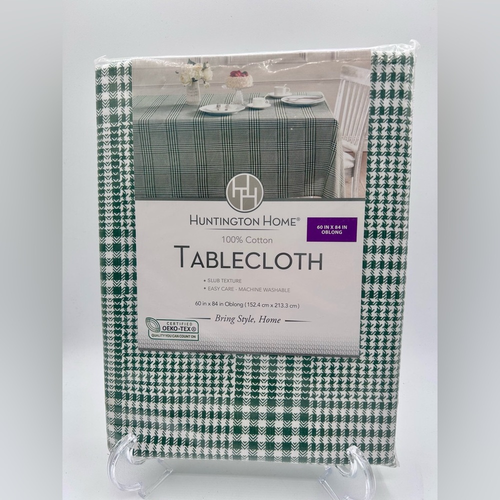 Huntington Home Tablecloth White Green Houndstooth 60” x 84”Oblong New